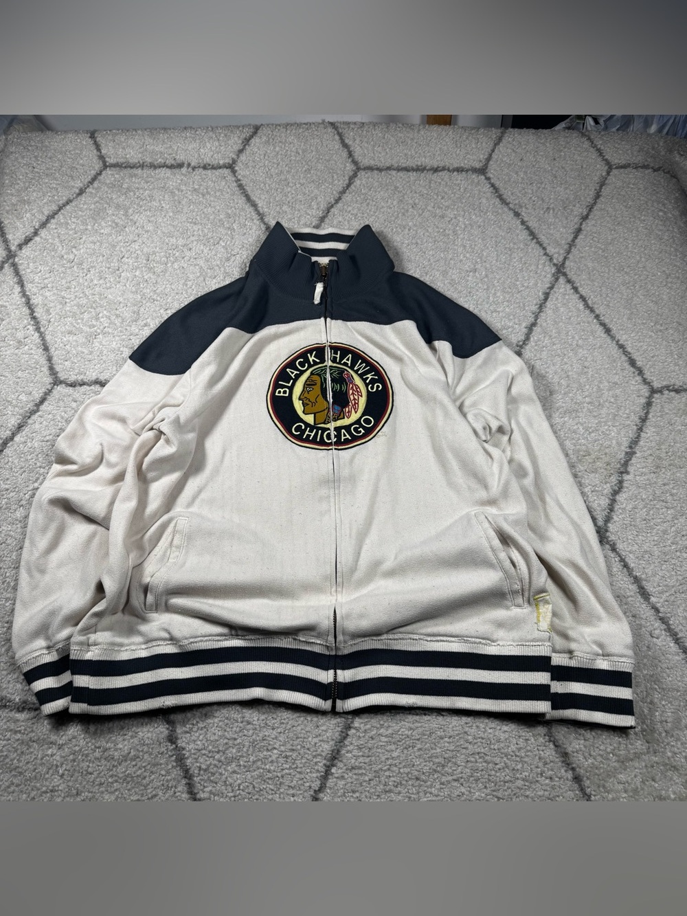 Chicago Blackhawks White and Black Raglan Varsity Zip Jacket
